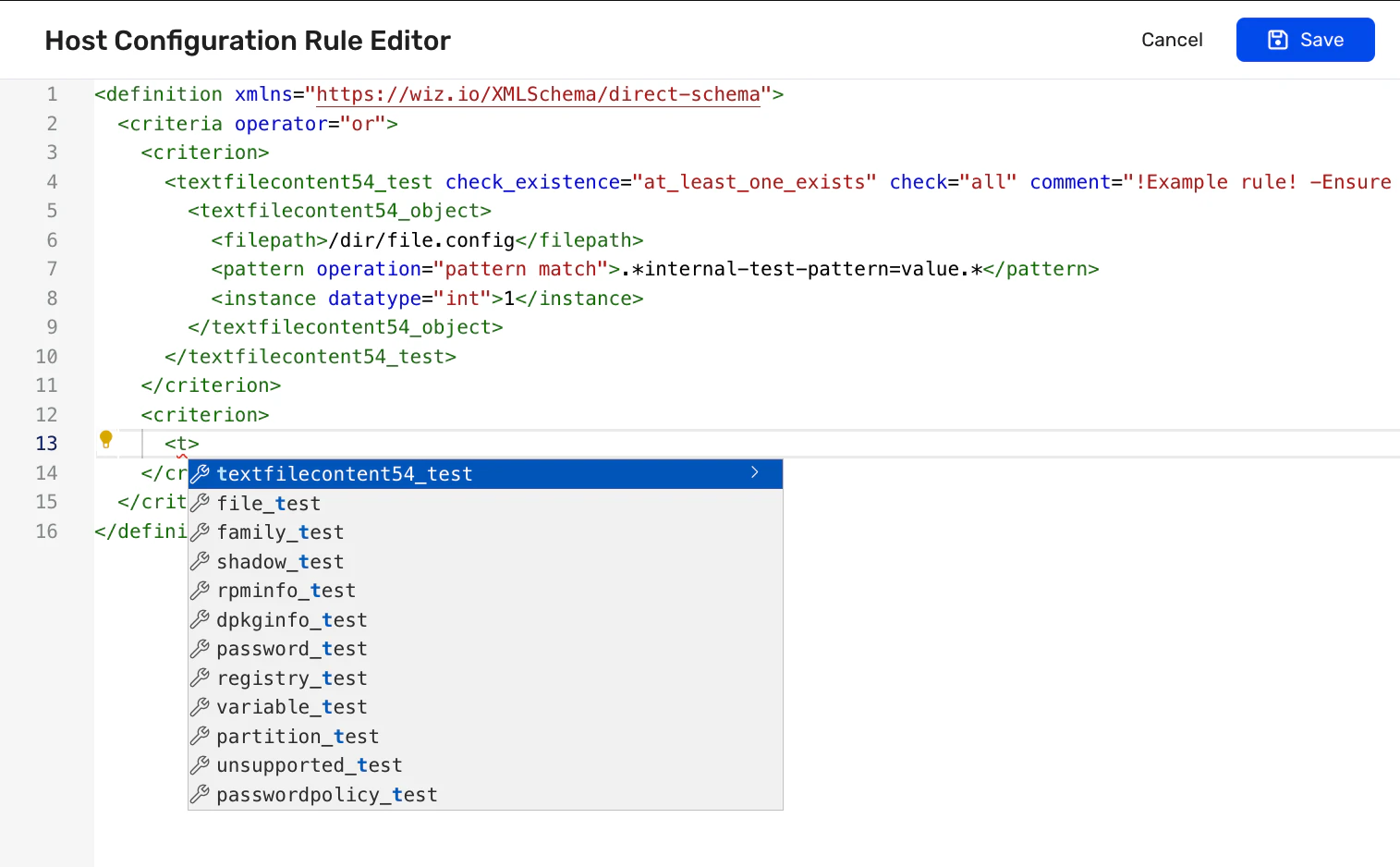 Screenshot of the Host Configuration Rule Editor showing config code and the ability to revise it