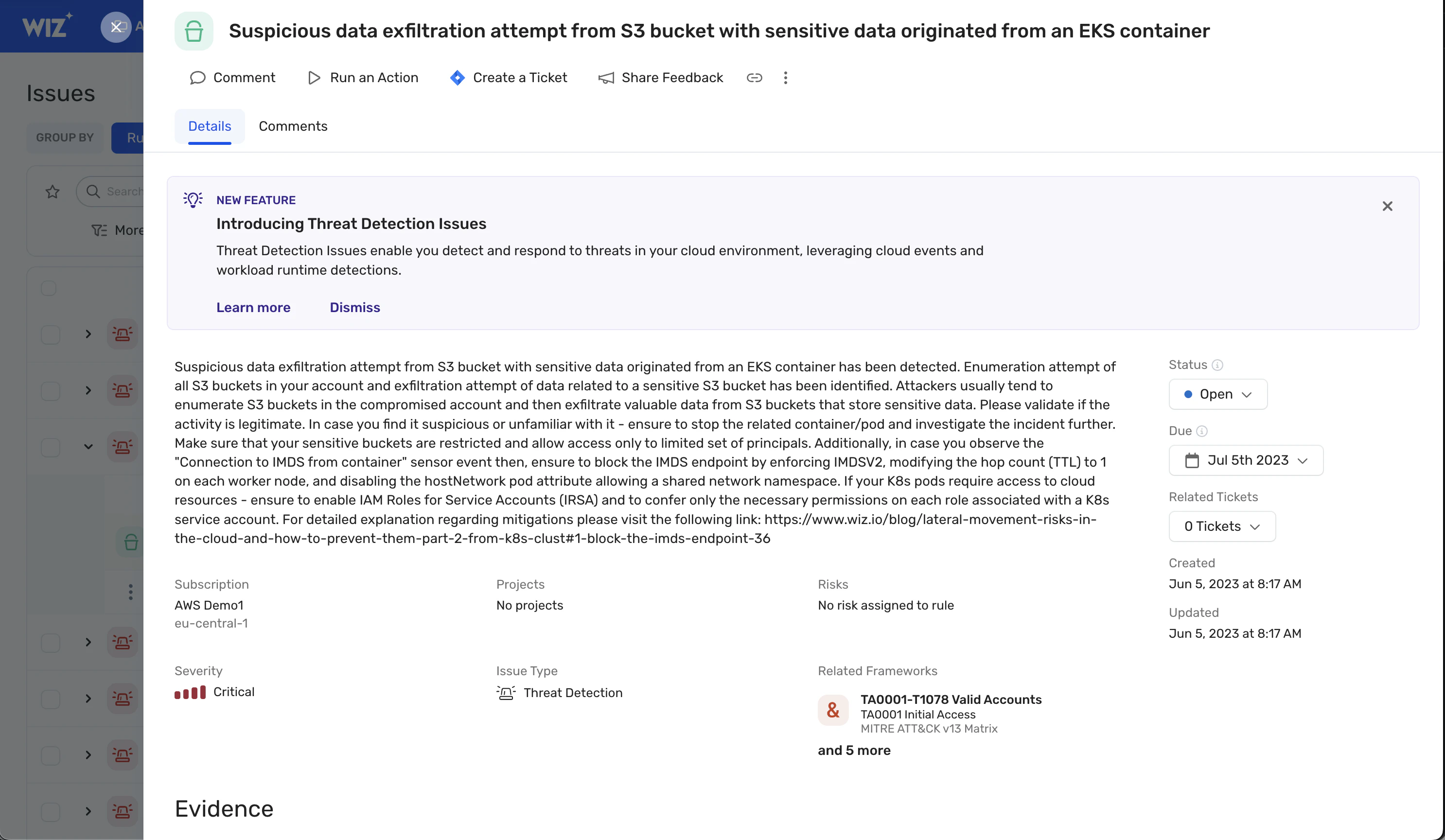 Wiz’s interface shows a suspicious data exfiltration attempt alert, with a summary and more details about the incident