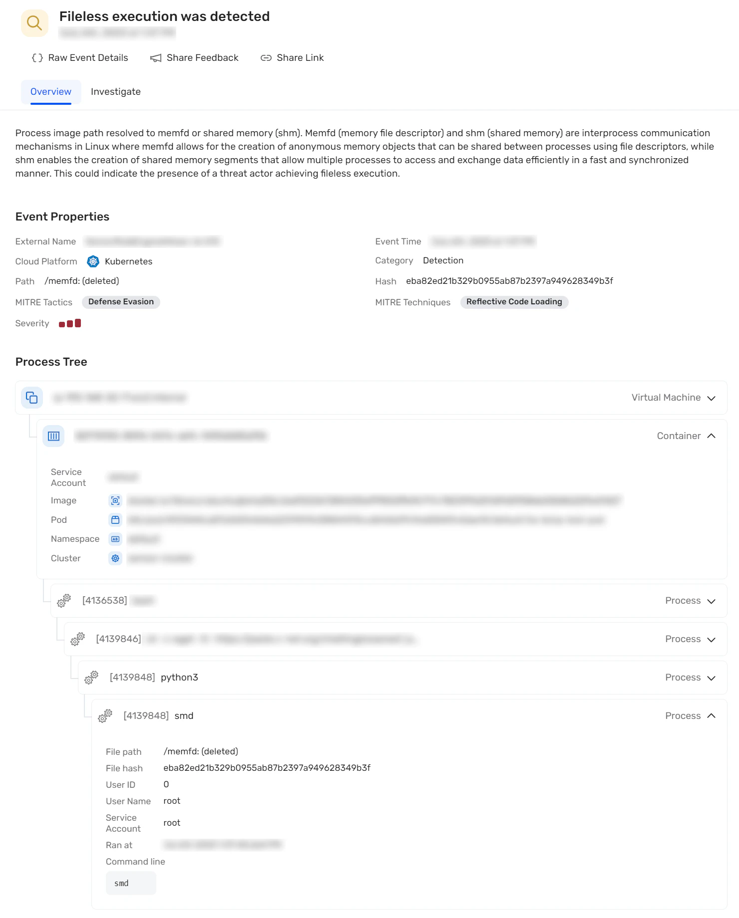 Wiz interface showing a detection for fileless execution and even properties describing the incident