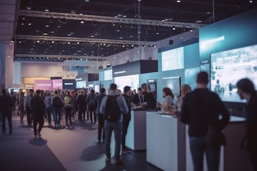 Busy trade fair with a sea of booths and blurry business people